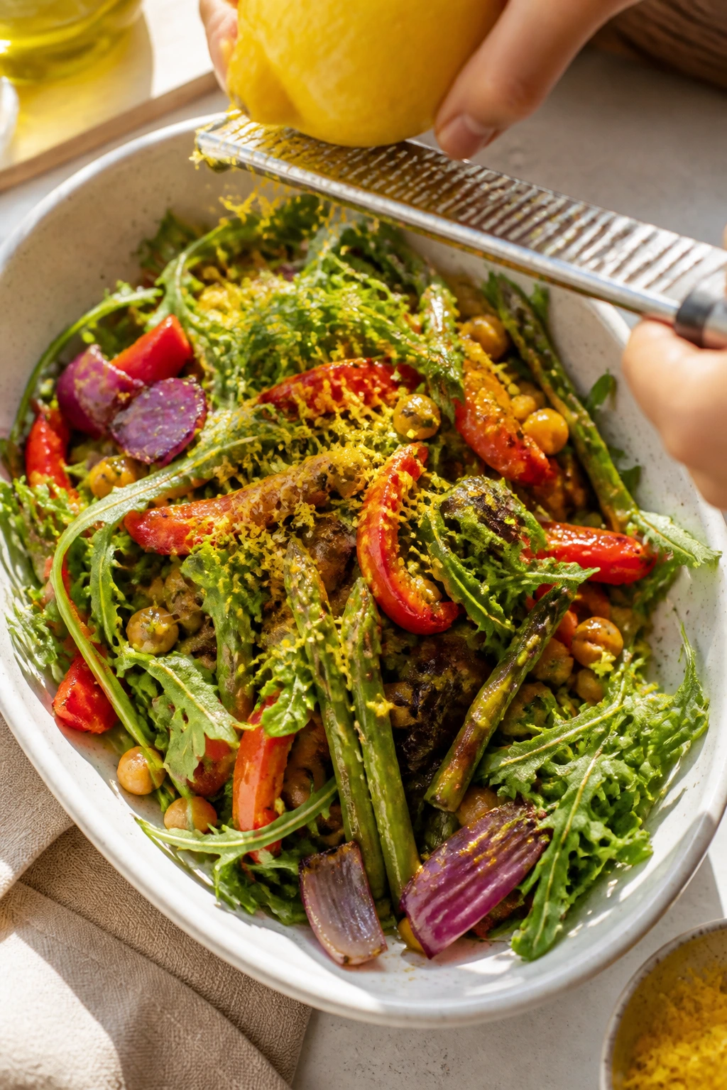 Lemon zest over a bright bowl of warm salad in sunny kitchen light
