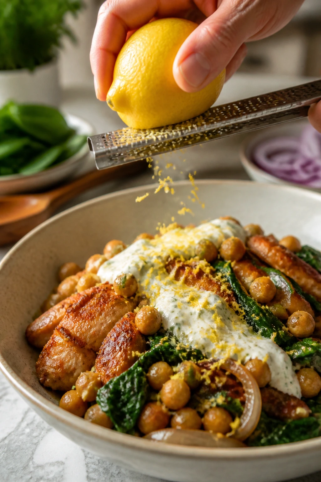 Hand zesting lemon over a bowl of chicken and chickpeas