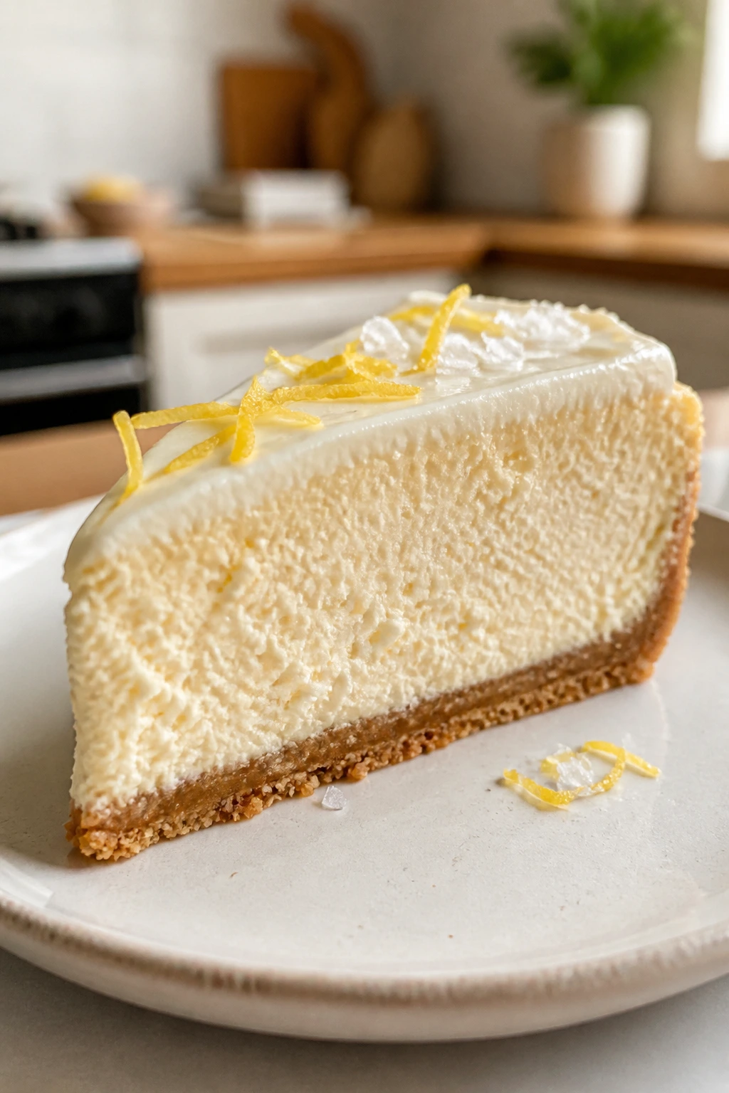 Cheesecake slice with lemon zest and flaky salt on top