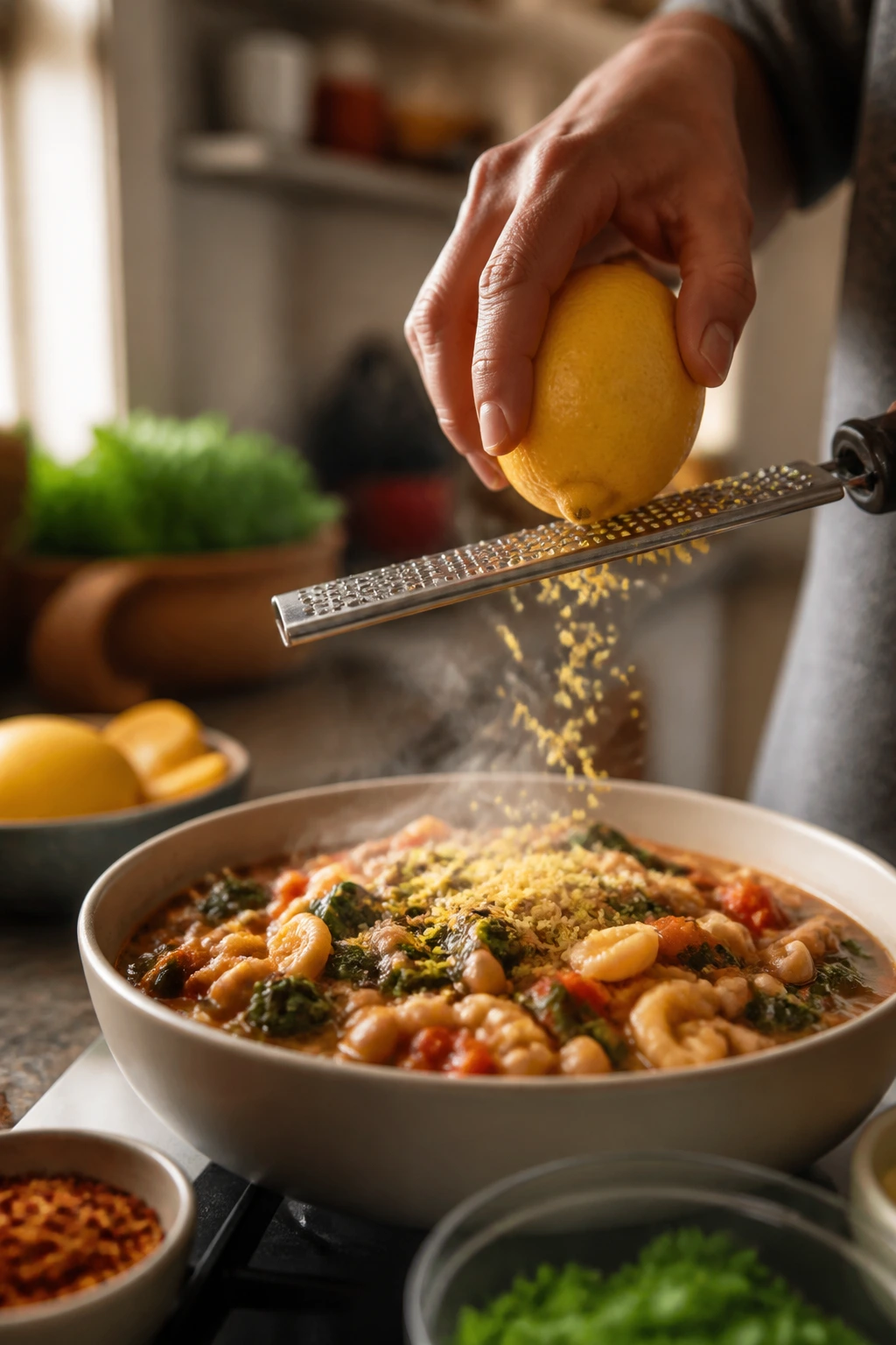 Hand zesting lemon over a steaming one-pot dish in a bright kitchen