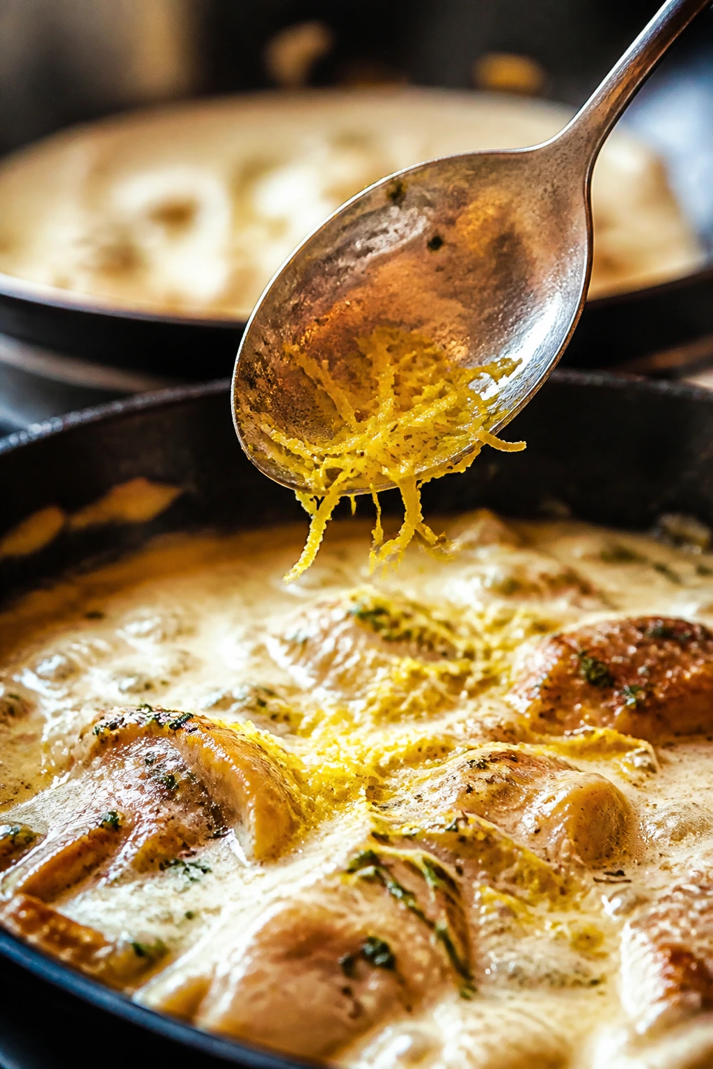 Lemon zest drizzled over creamy sauce in a pan