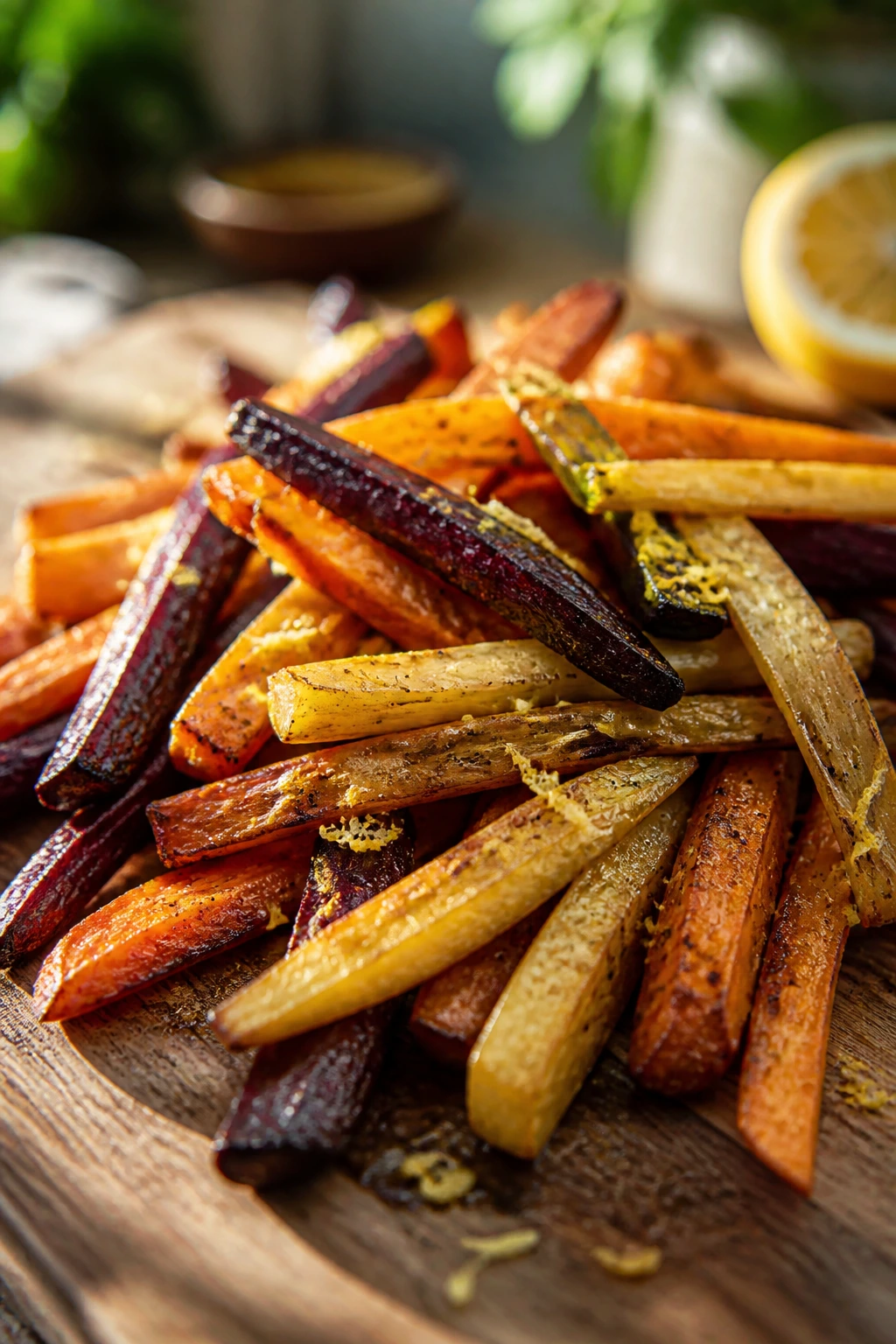 Fries with lemon zest on a wooden board