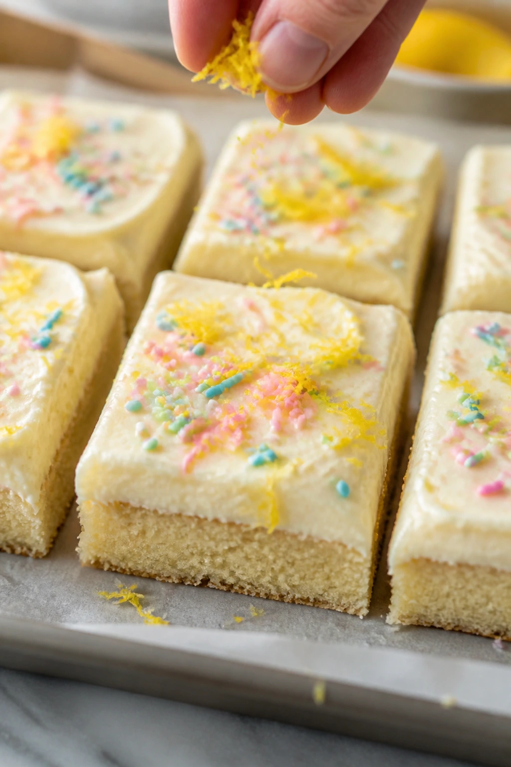 Lemon zest being sprinkled over frosted pastel bars