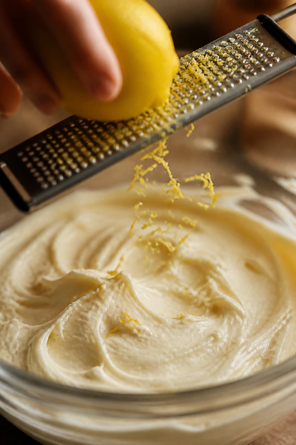 Lemon zest being grated into pale frosting in a bowl