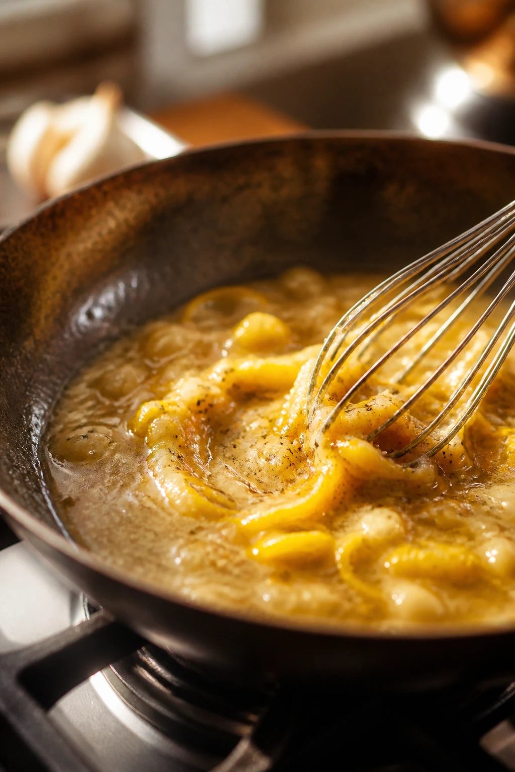 Close-up of lemon zest in roasted garlic butter in a skillet on a warm kitchen stove