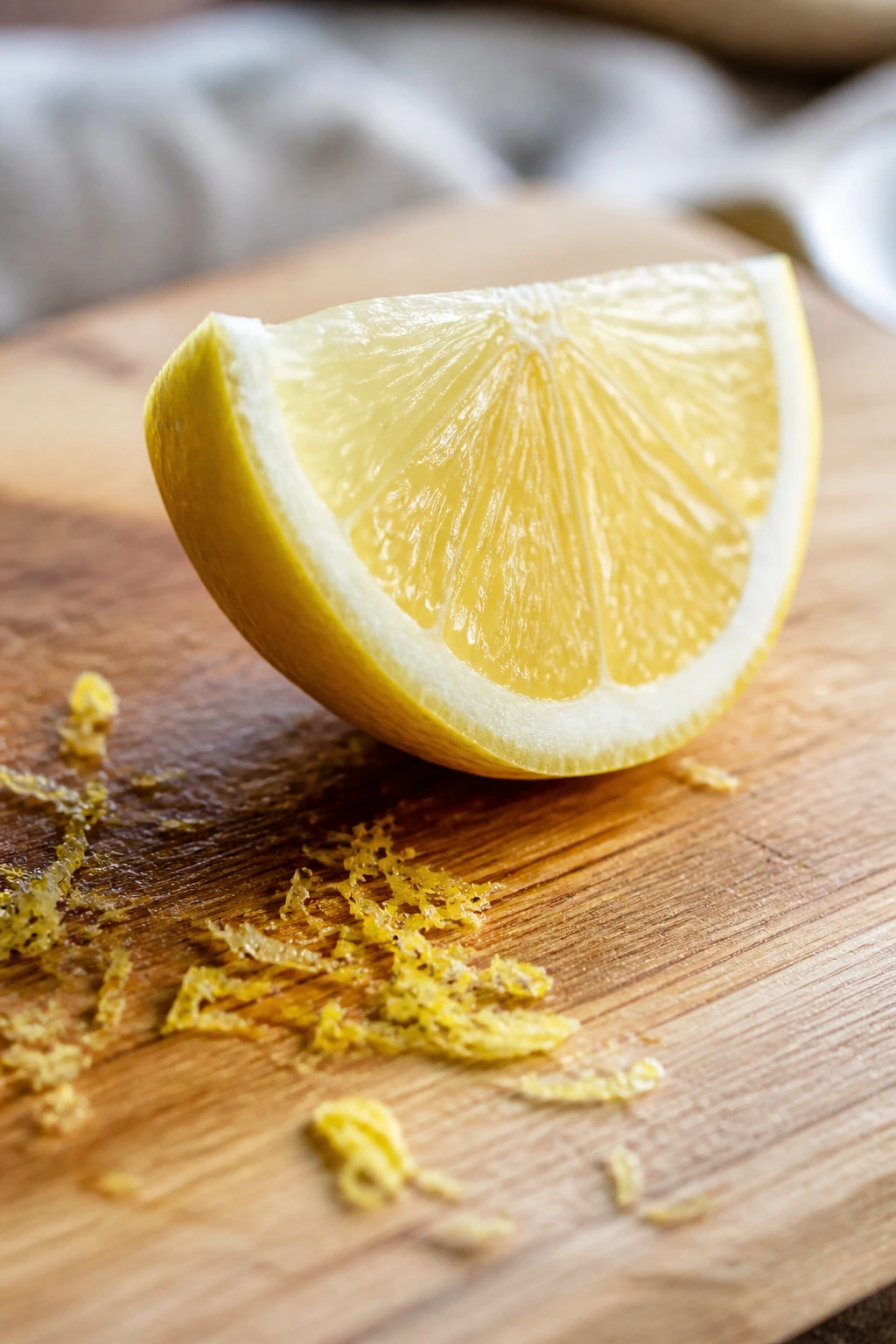 Close-up of a bright lemon wedge with zest on a wooden cutting board