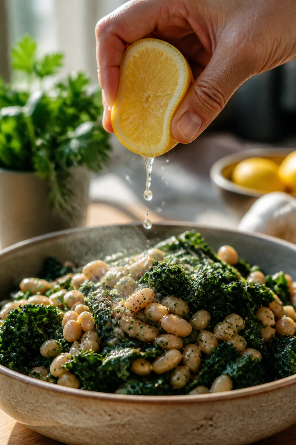 Lemon being squeezed over a bowl of beans and greens with herbs