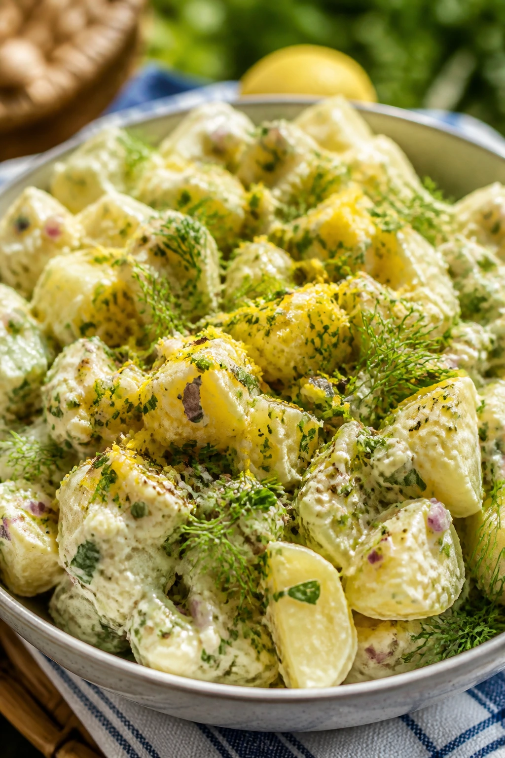Bright dish garnished with lemon zest and herbs for picnic