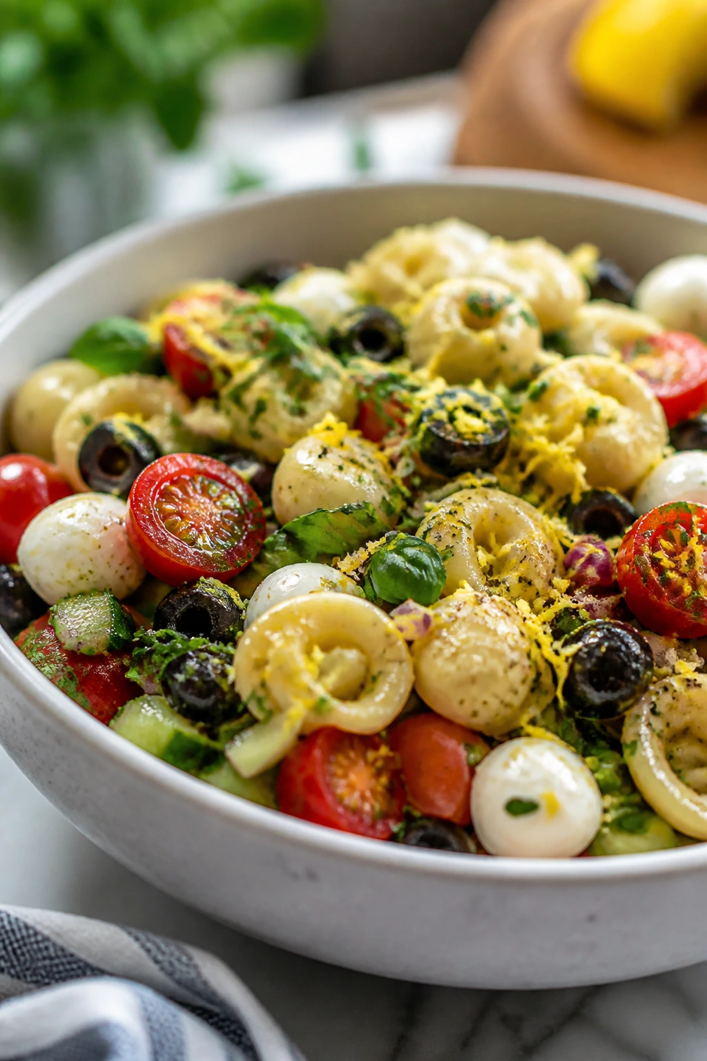 Salad bowl with lemon zest and herbs on top