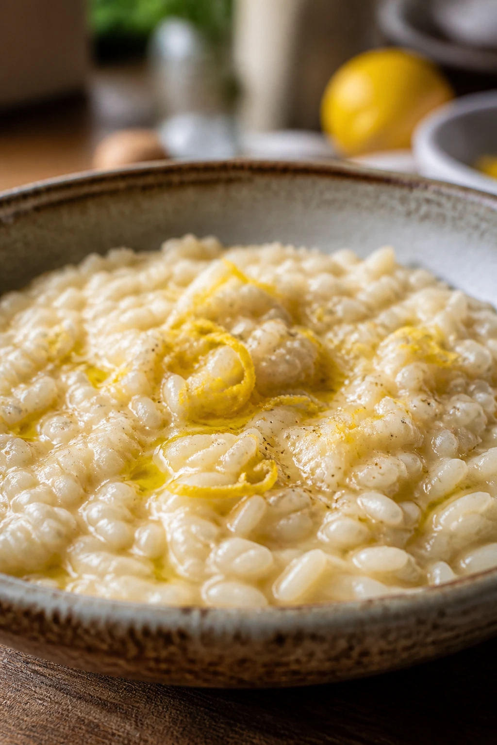 Creamy risotto with lemon zest and olive oil finish in rustic kitchen