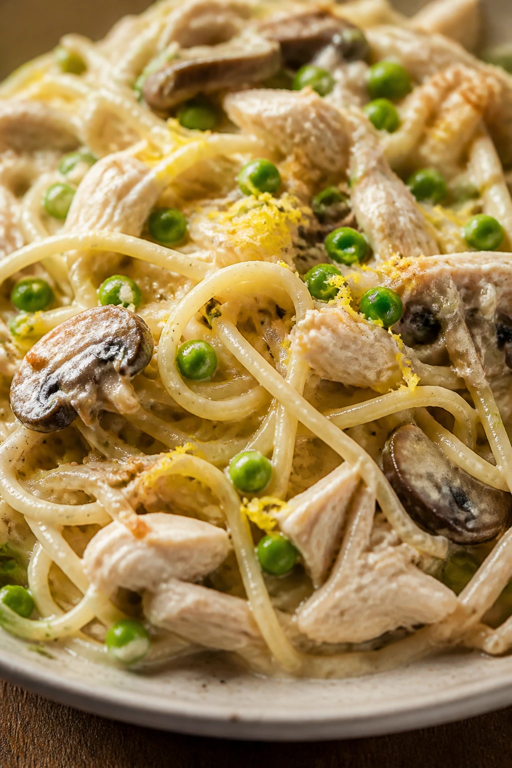 Tetrazzini with lemon zest and peas as a variation