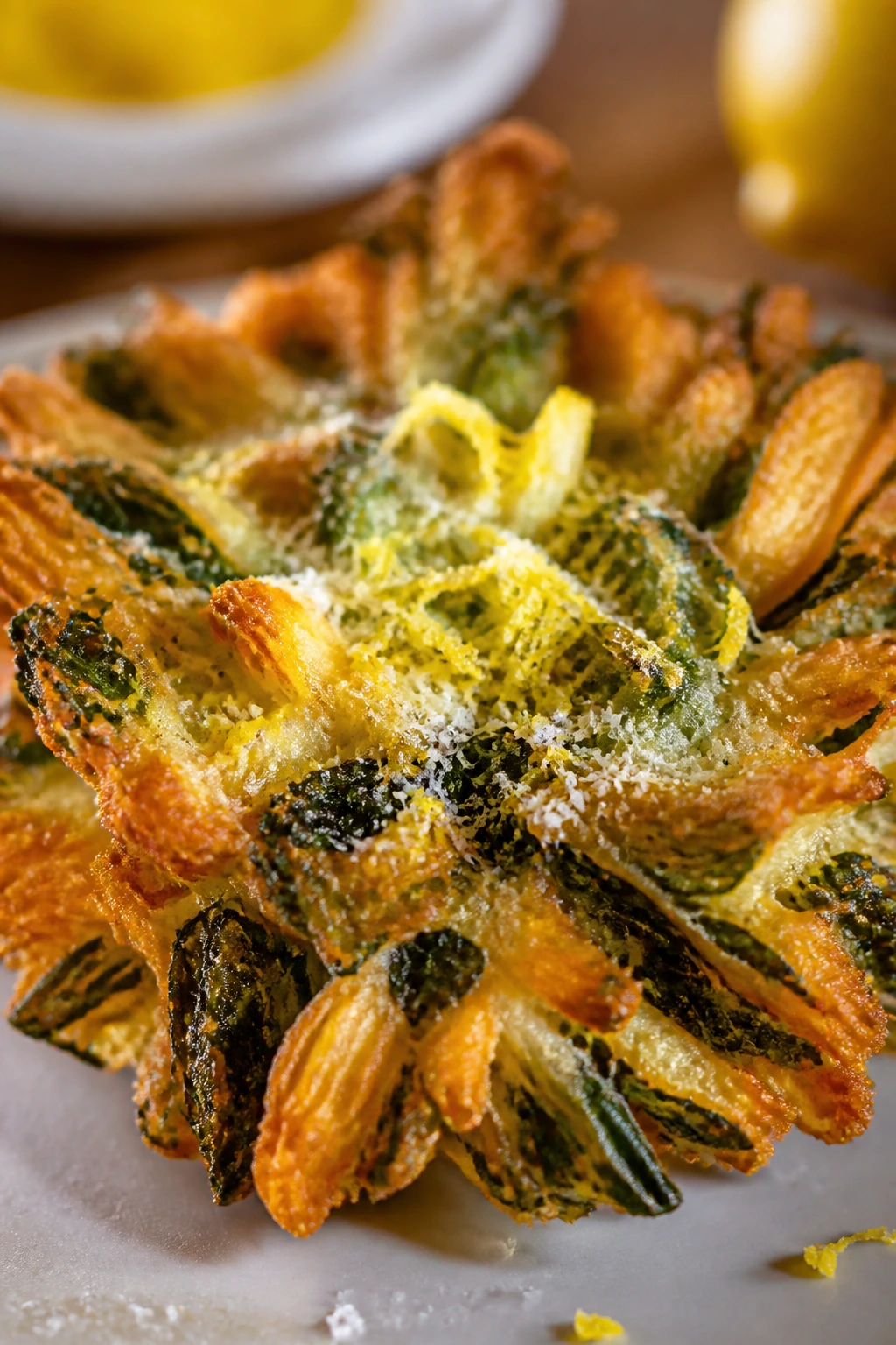 Crispy vegetable flower with lemon zest and pecorino on top