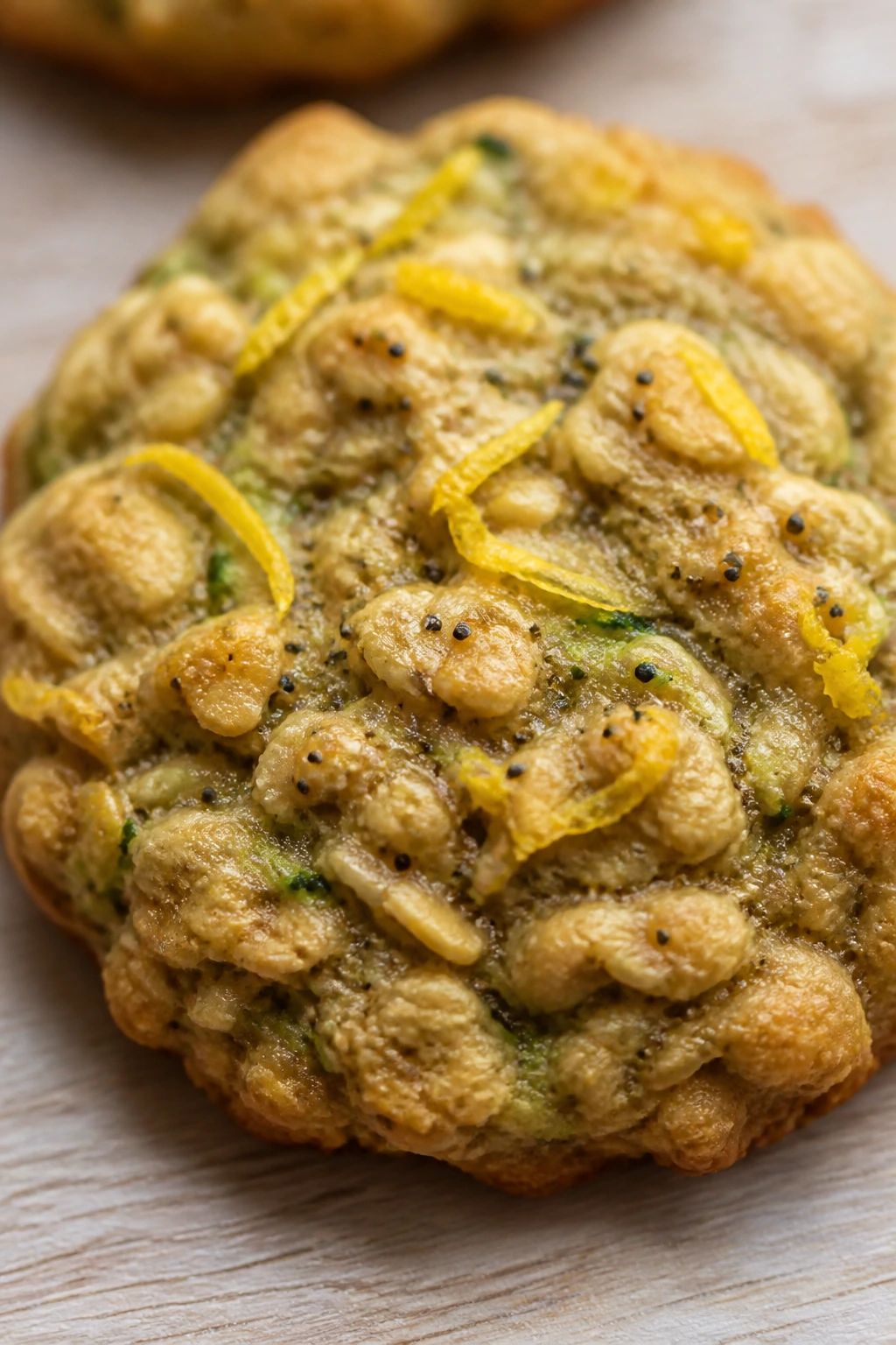 Close-up of lemon zest and poppy seed zucchini oatmeal cookie on wood