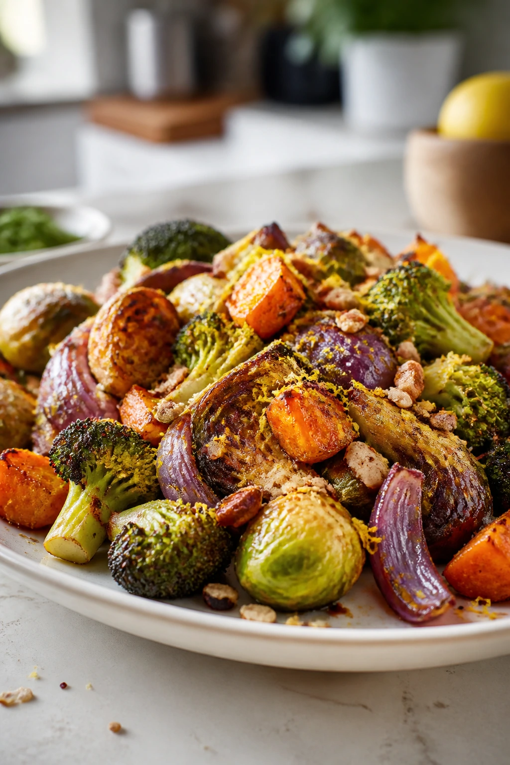 Roasted vegetables with lemon zest and red pepper flakes on top