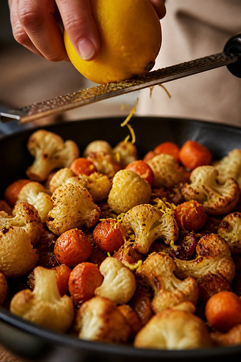 Hand zesting lemon over roasting vegetables to brighten flavor