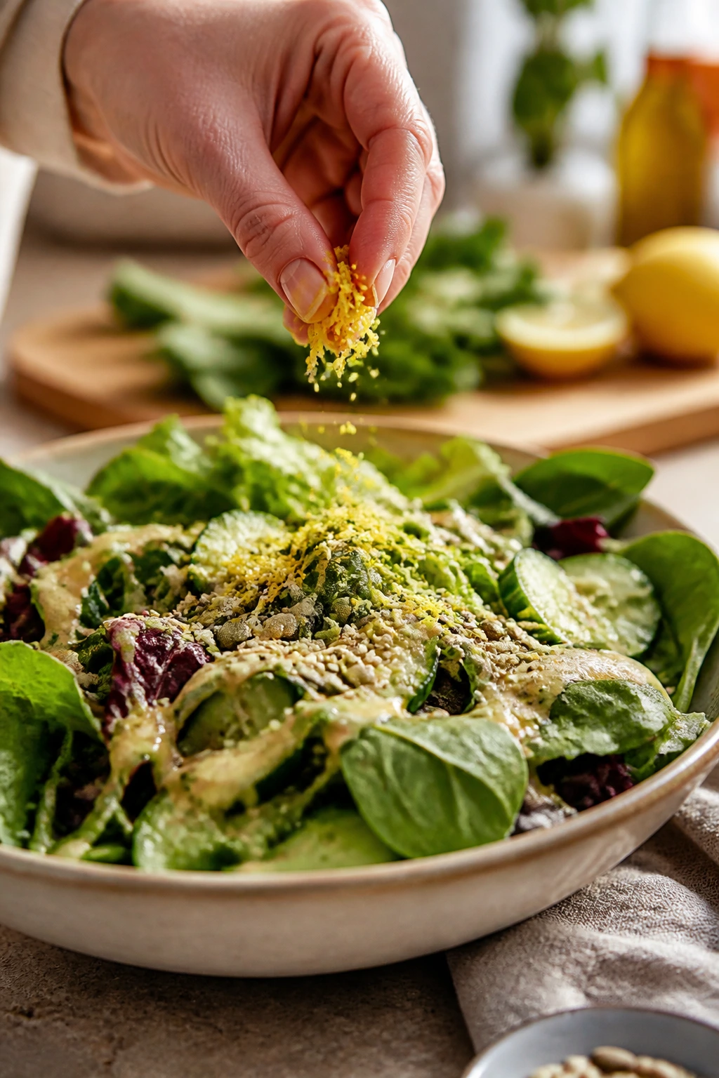 Close-up of a salad bowl with lemon zest being added and seeds on top