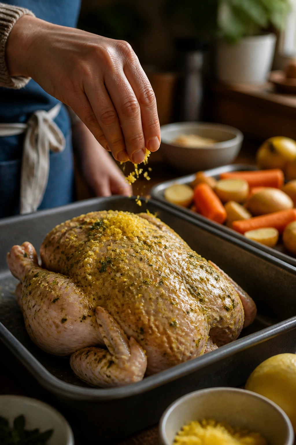 Hand sprinkling lemon zest into seasoned chicken paste on a kitchen counter