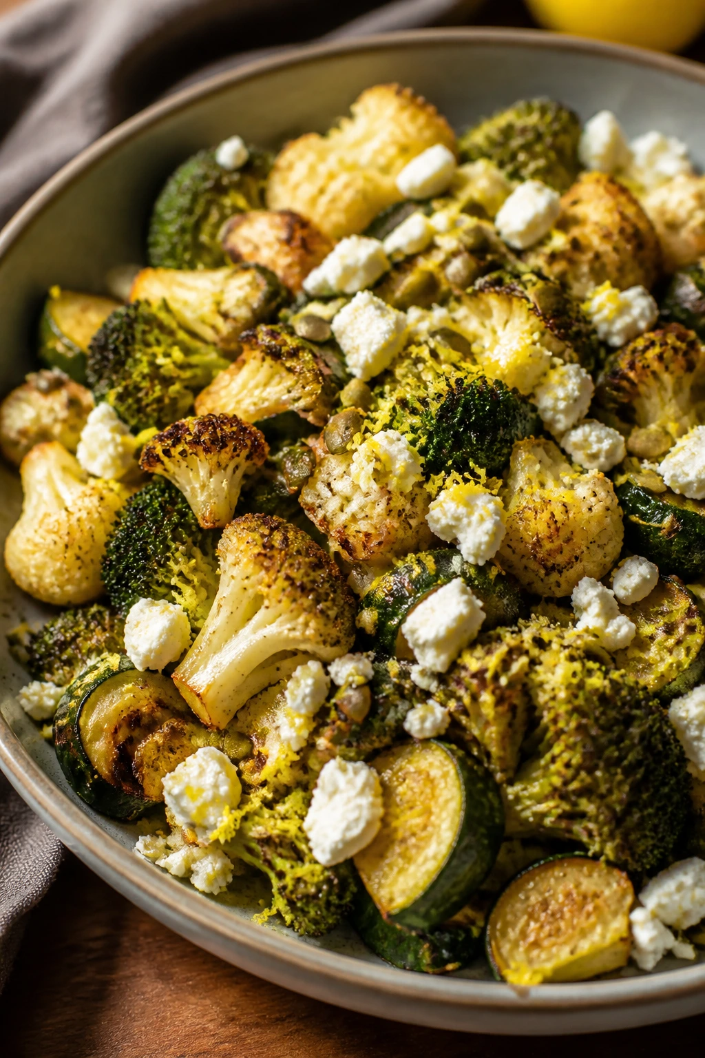 Roasted vegetables with lemon zest, seeds, and feta crumbles