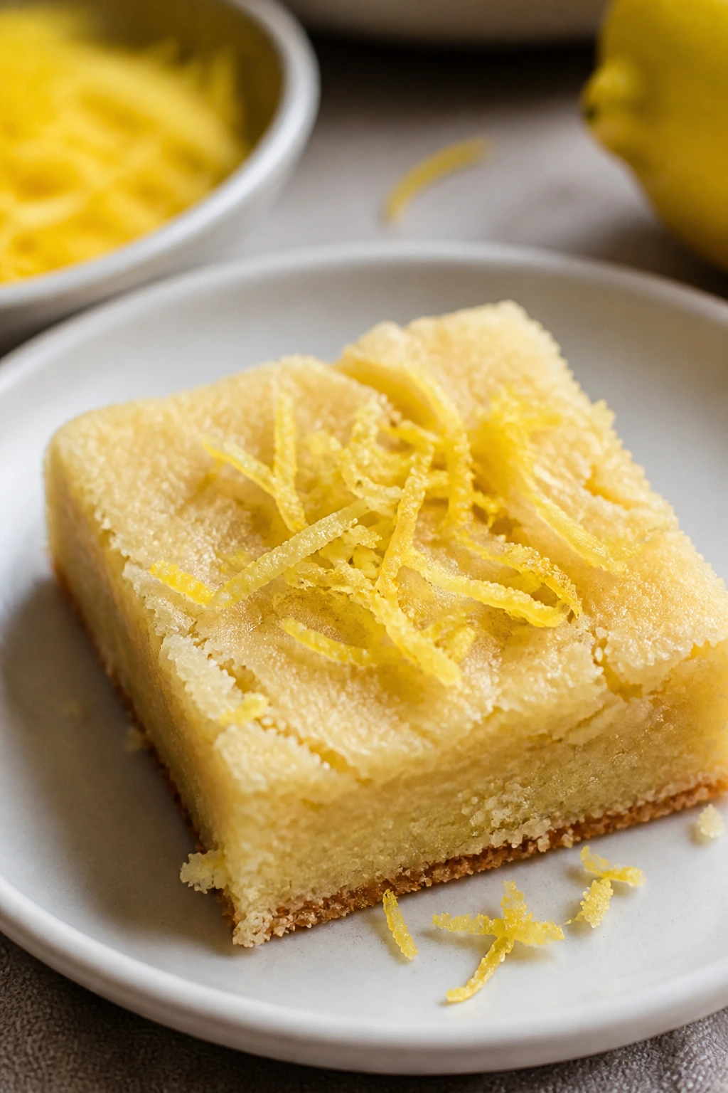 Shortbread square with lemon zest on a plate in warm kitchen light