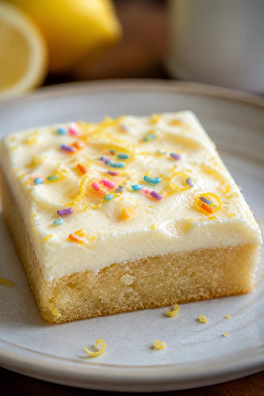Sugar cookie bar with lemon zest and sprinkles on a plate.