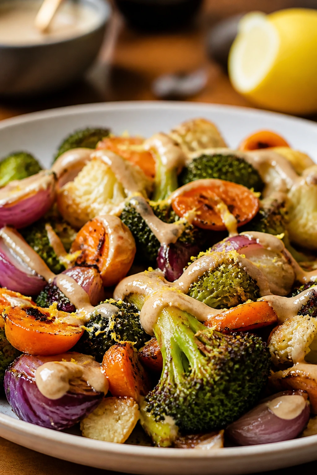 Roasted vegetables with lemon zest and tahini drizzle on a plate