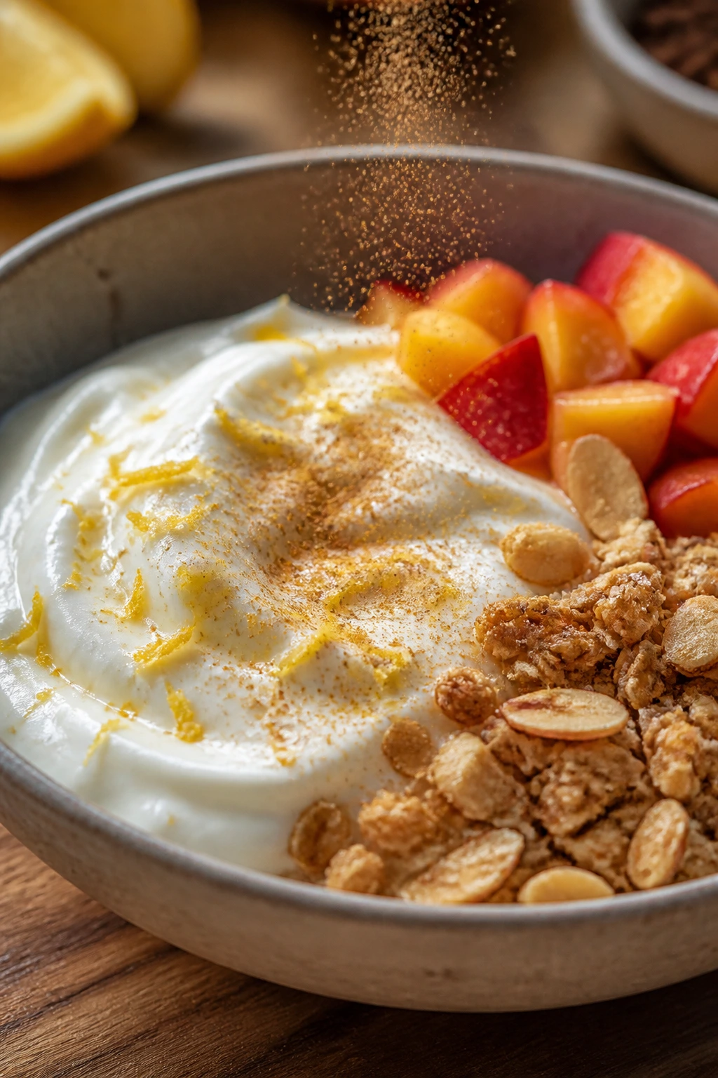 Yogurt bowl with lemon zest and subtle spices on top