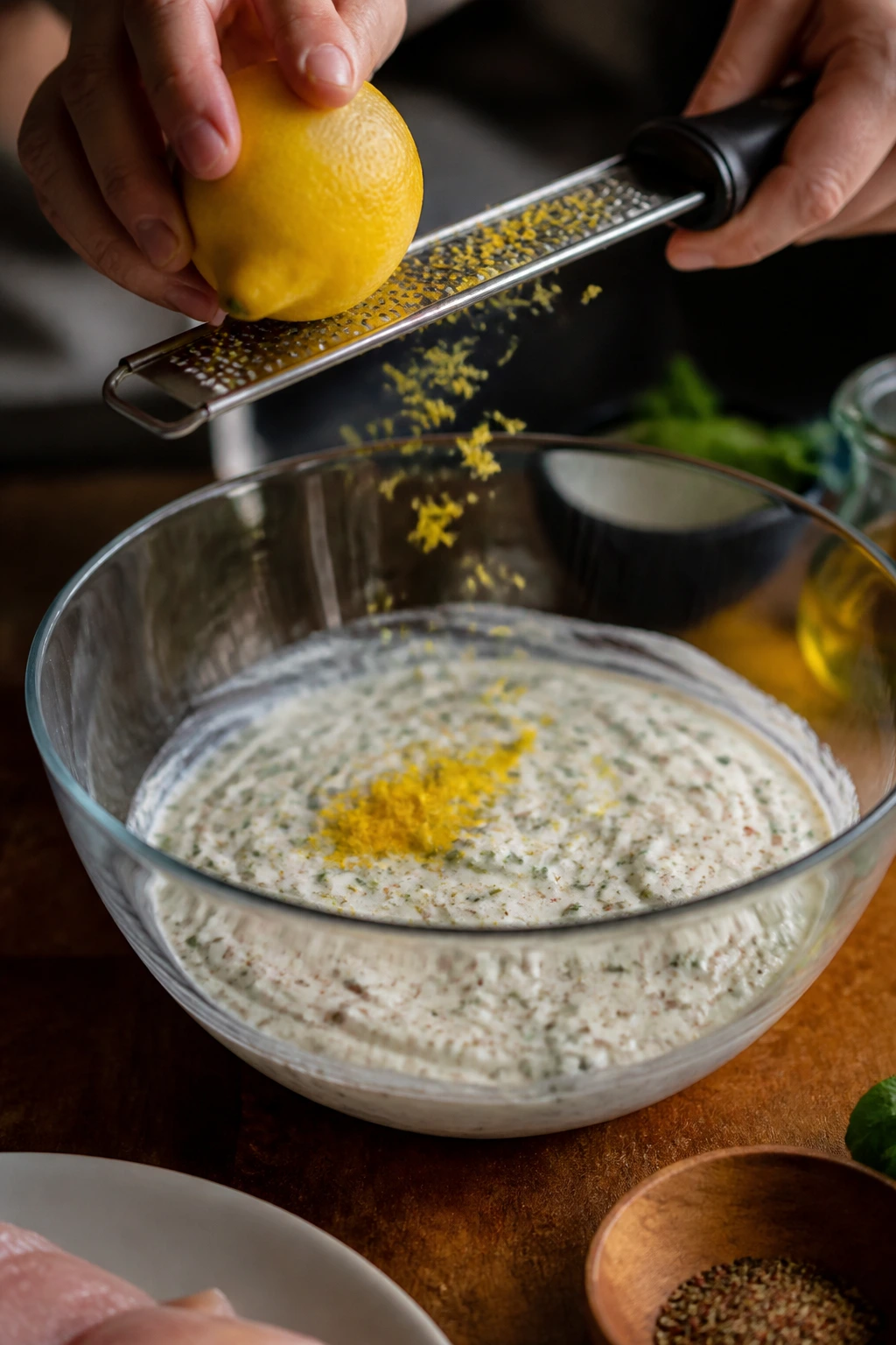 Lemon zest grated into yogurt marinade during prep