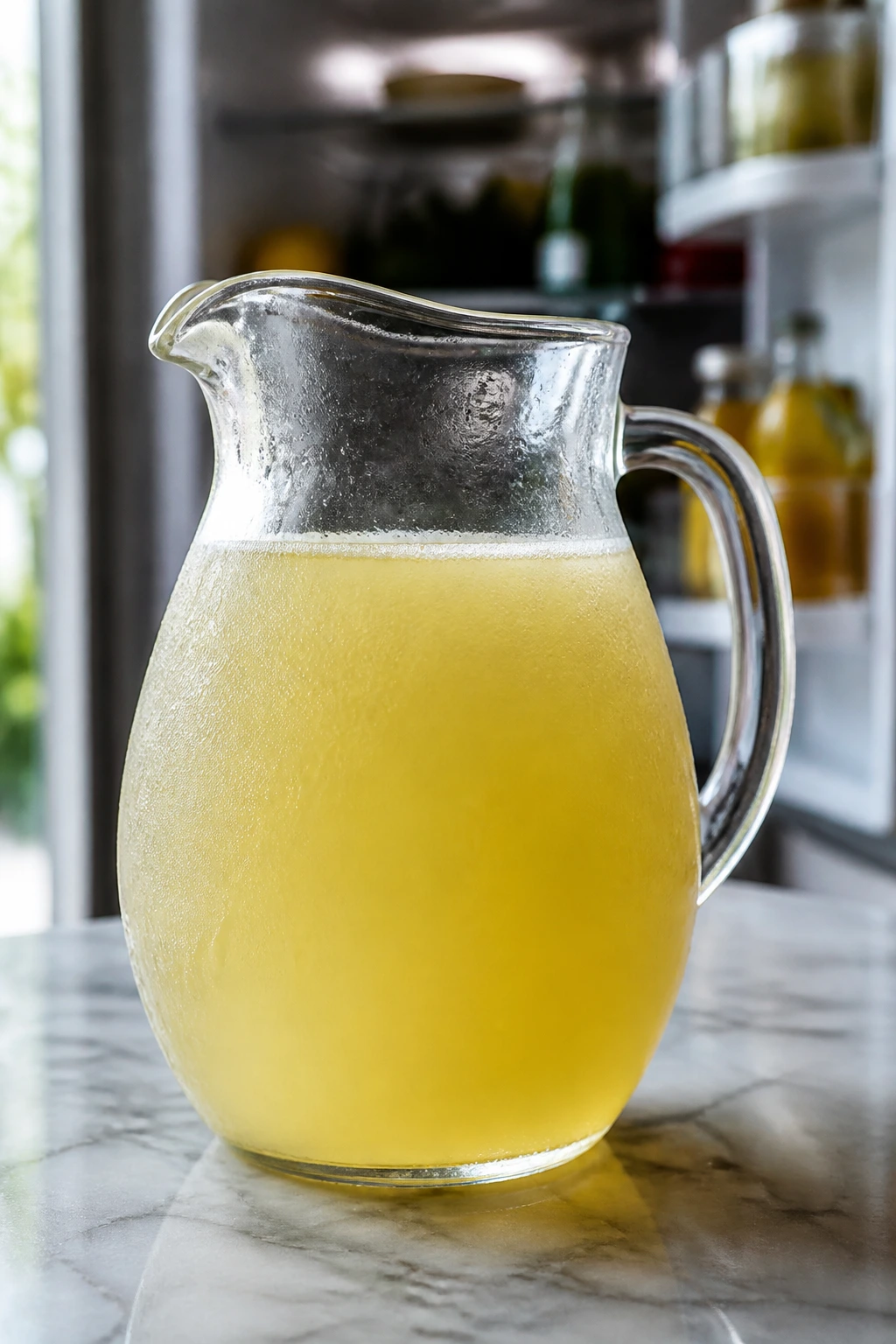 Pitcher of base mixture for lemonade cocktail on kitchen counter