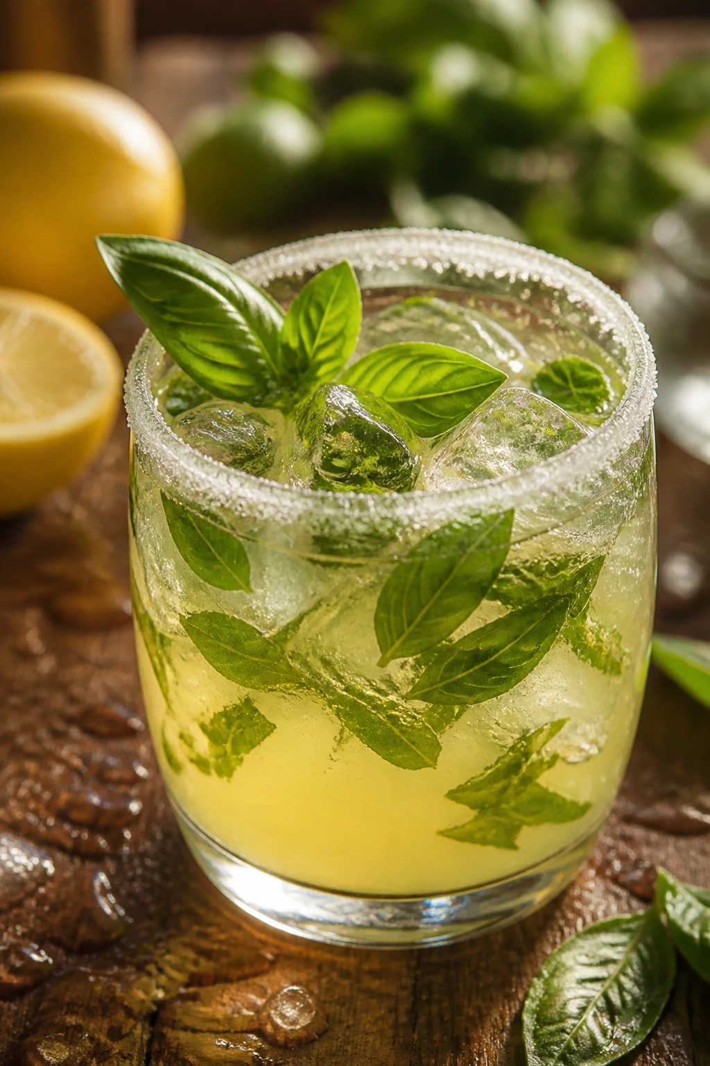 Close-up of a lemonade cocktail with basil garnish and sugar rim on a wooden table