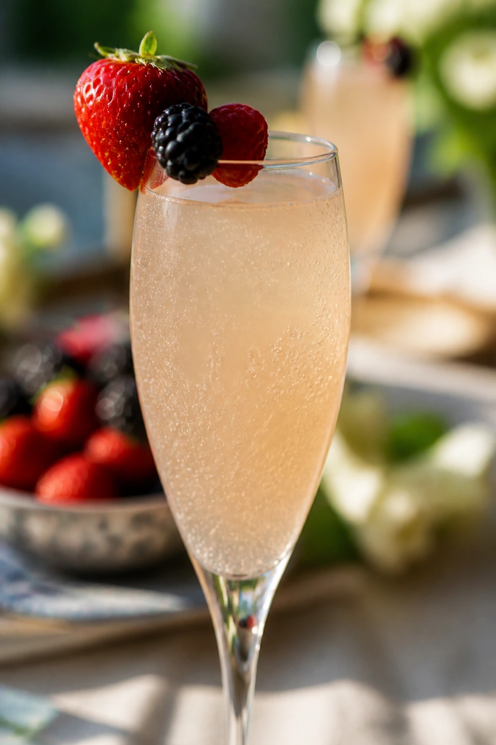 Close-up of Lemonade Berry Mimosa with berry garnish on rim