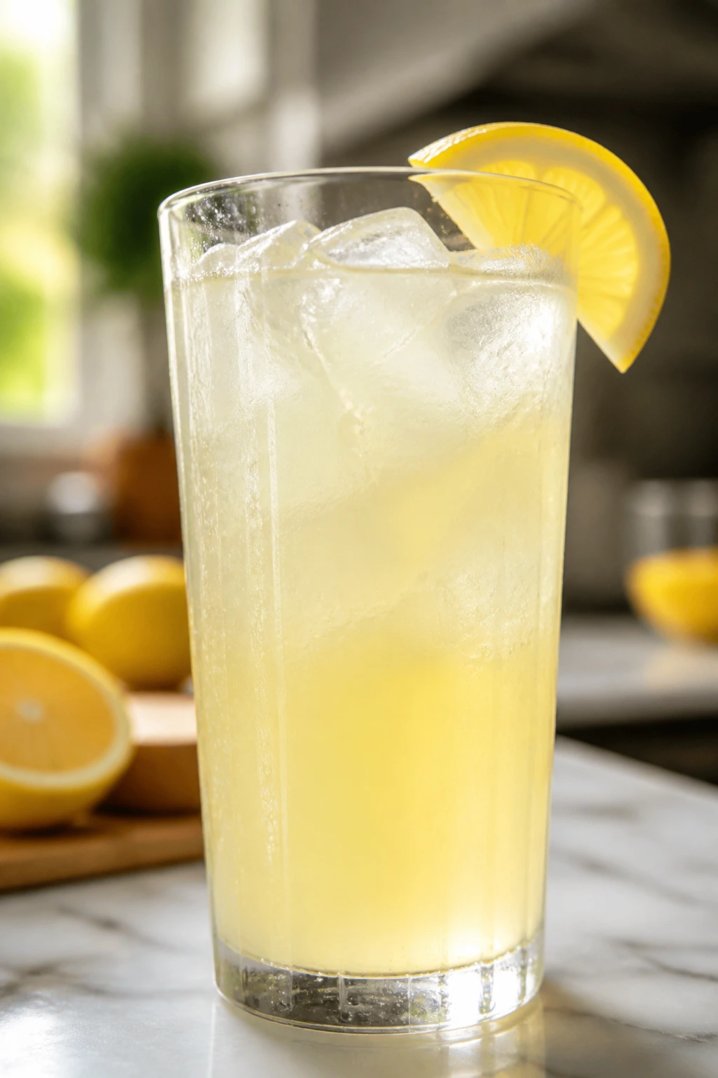Tall glass of classic lemonade with lemon wedge on a sunny kitchen counter