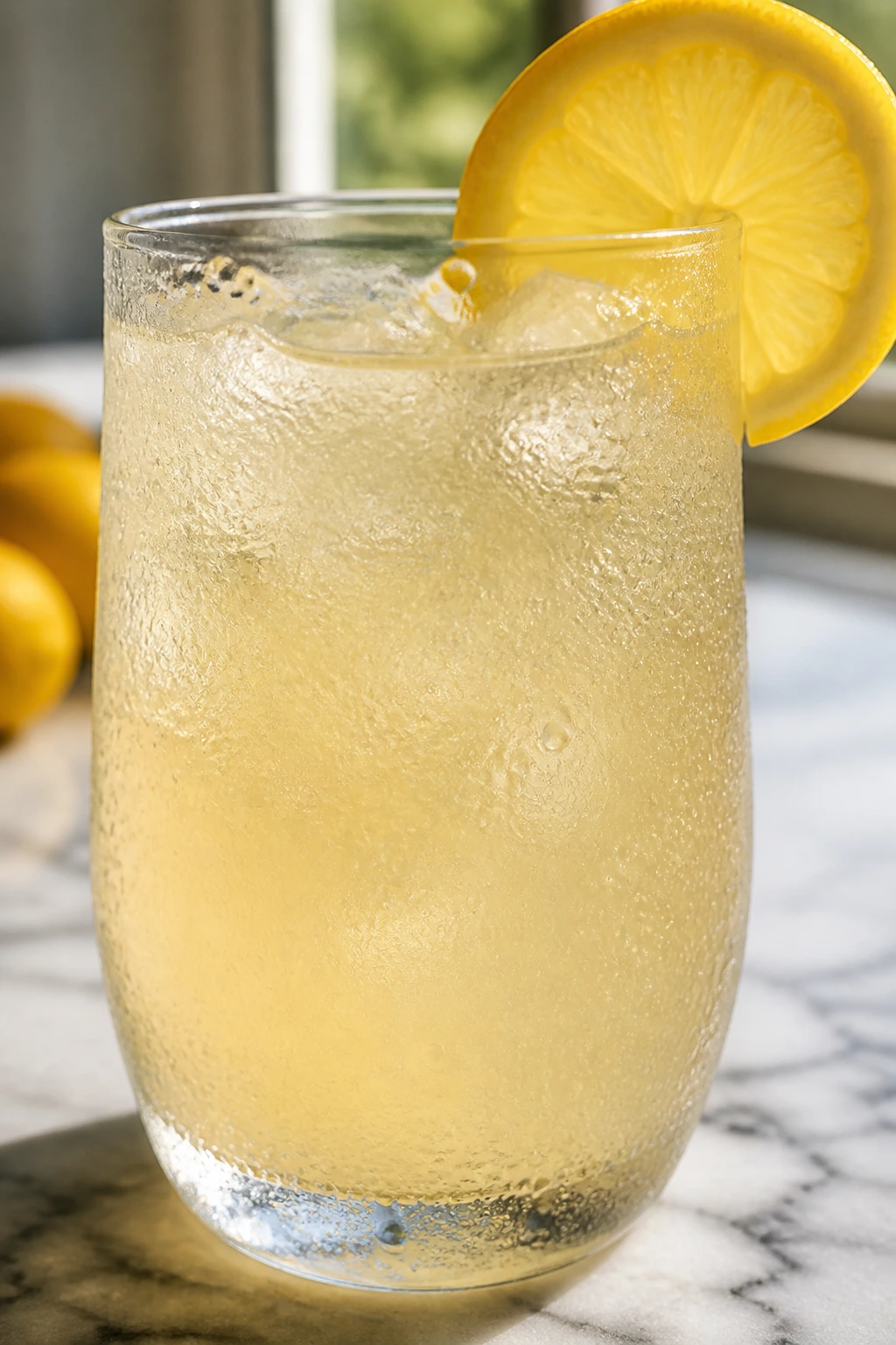 Frosty lemonade cocktail glass with condensation on marble counter under soft window light.