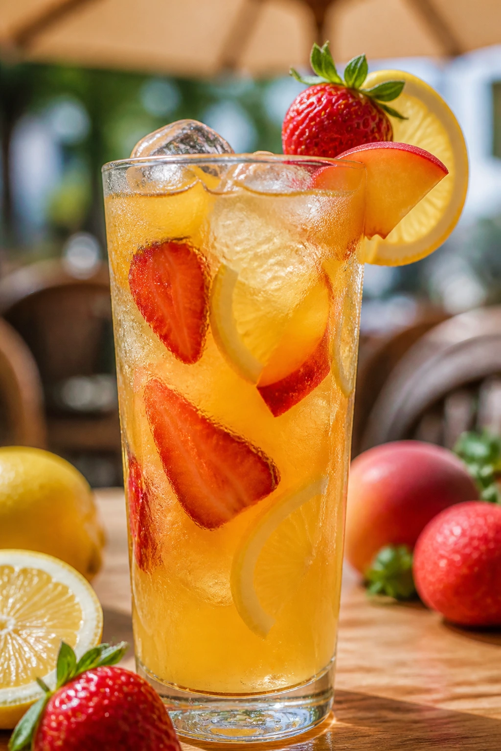 Close-up of a tall glass of lemonade cocktail with ice and fruit garnish on a wooden table in bright sun
