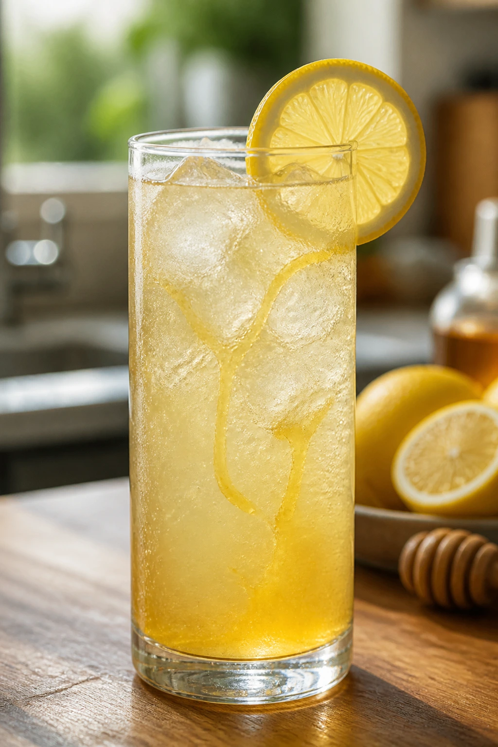 Close-up of pale lemonade cocktail with honey syrup on wooden counter