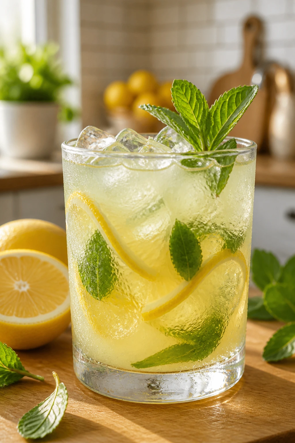 Close-up of lemonade cocktail with mint and lemon wheels on a wooden surface in a sunlit kitchen.