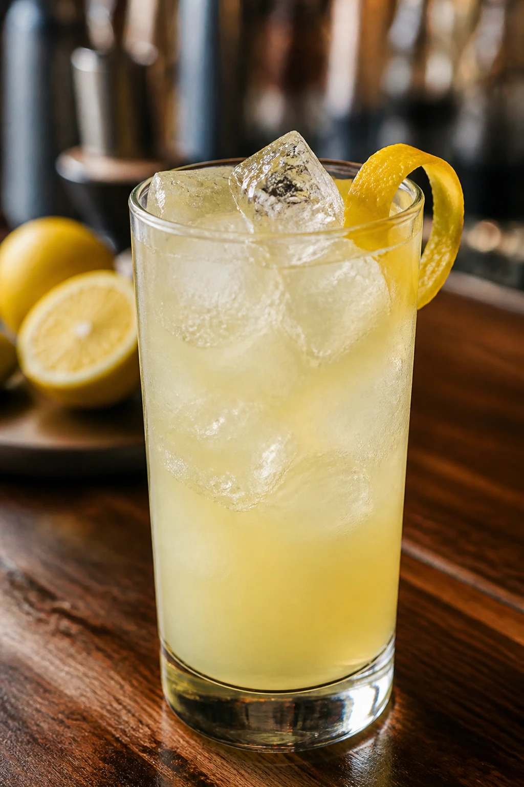 Close-up of a pale yellow lemonade cocktail in a glass with ice and lemon twist on a warm wooden bar.