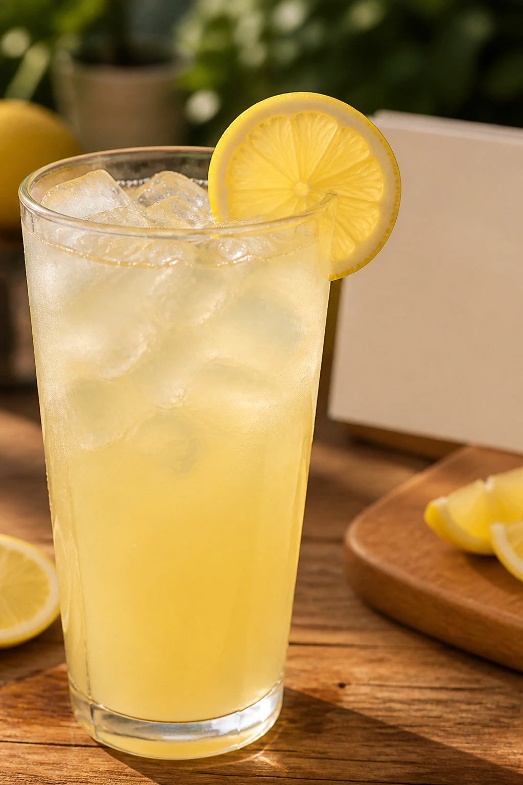 Glass of lemonade with a blank recipe card blurred in the background on a wooden counter