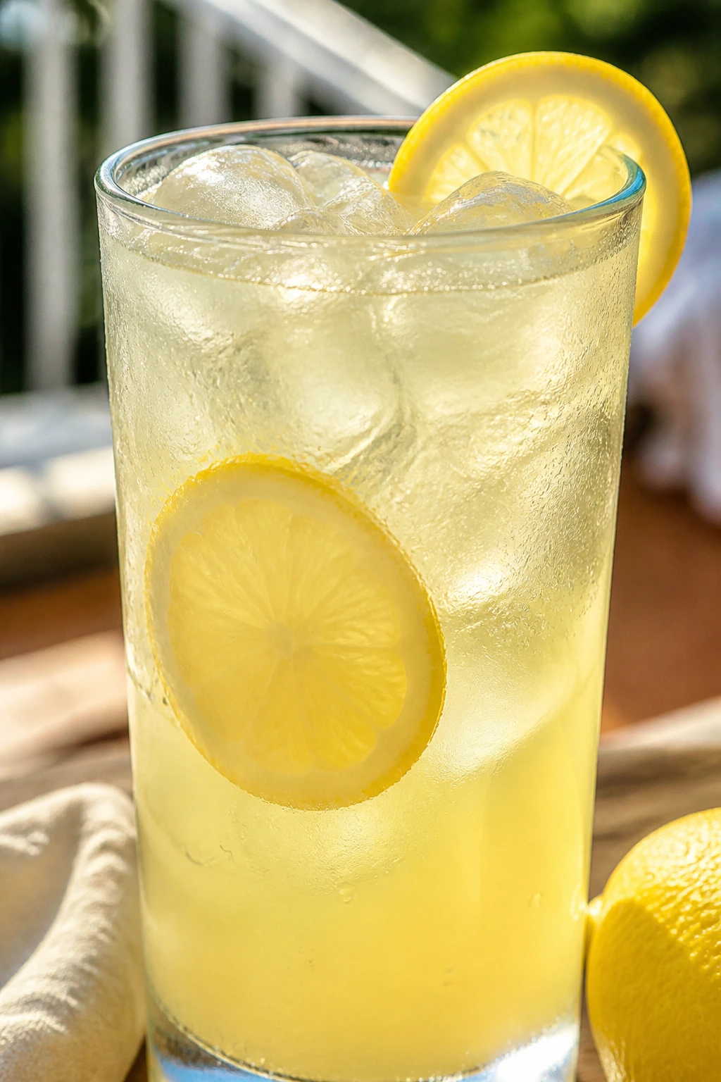 Bright lemonade in a glass on a sunlit table