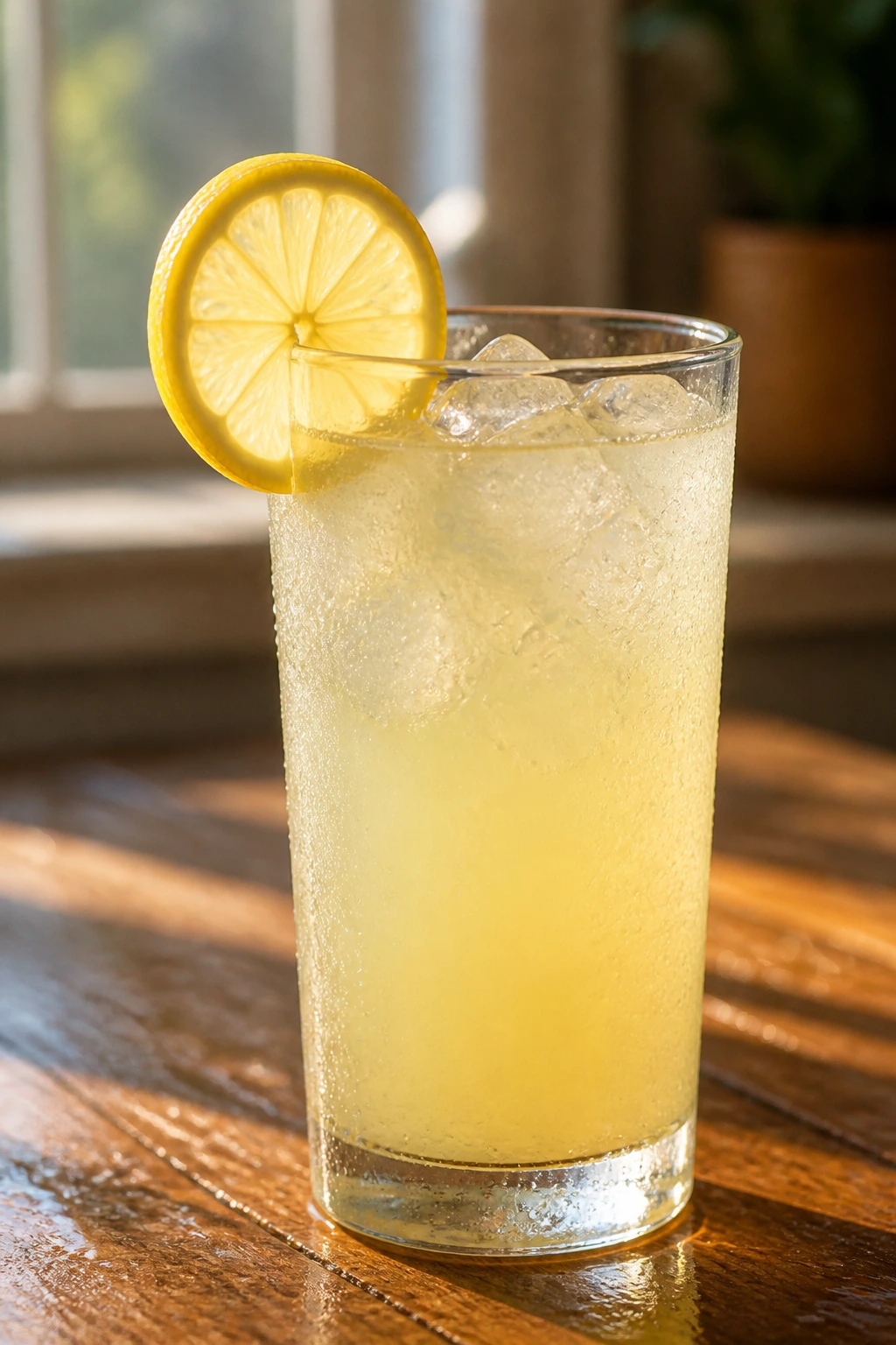 Close-up of a cold glass of lemonade with condensation on a wooden surface
