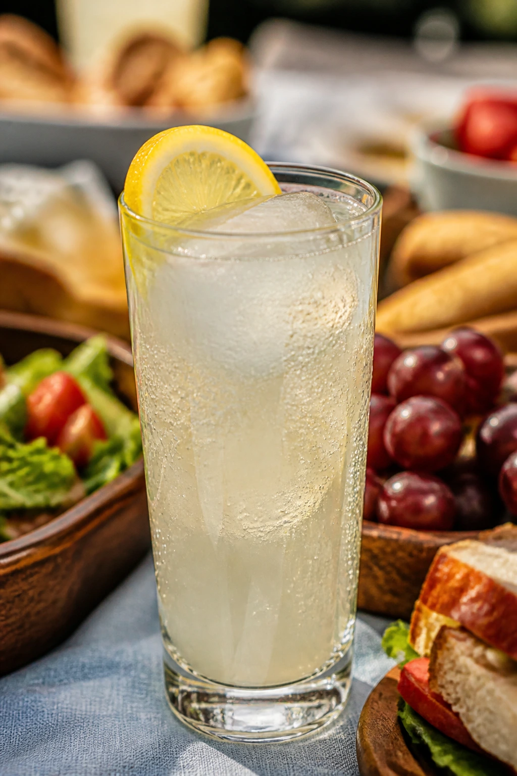 Tall glass of sparkling lemonade with condensation on a picnic table