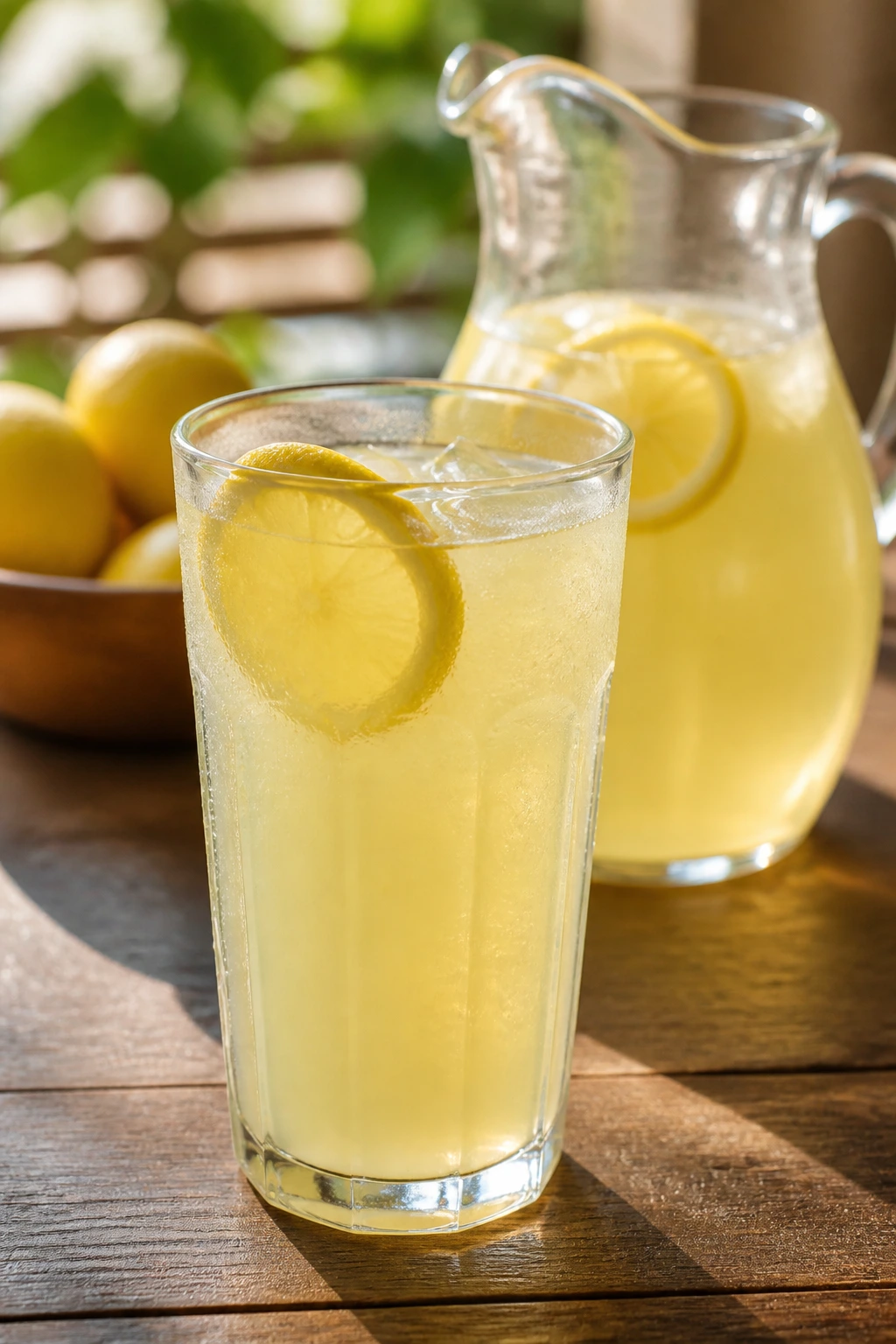 Close-up of pale lemonade in a tall glass with lemon wheel and pitcher on rustic table