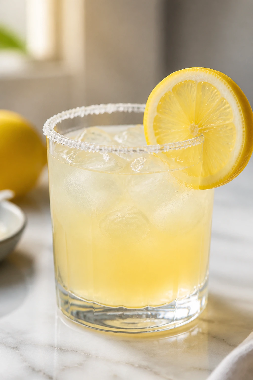 Lemonade glass with lemon wheel and salt rim on marble