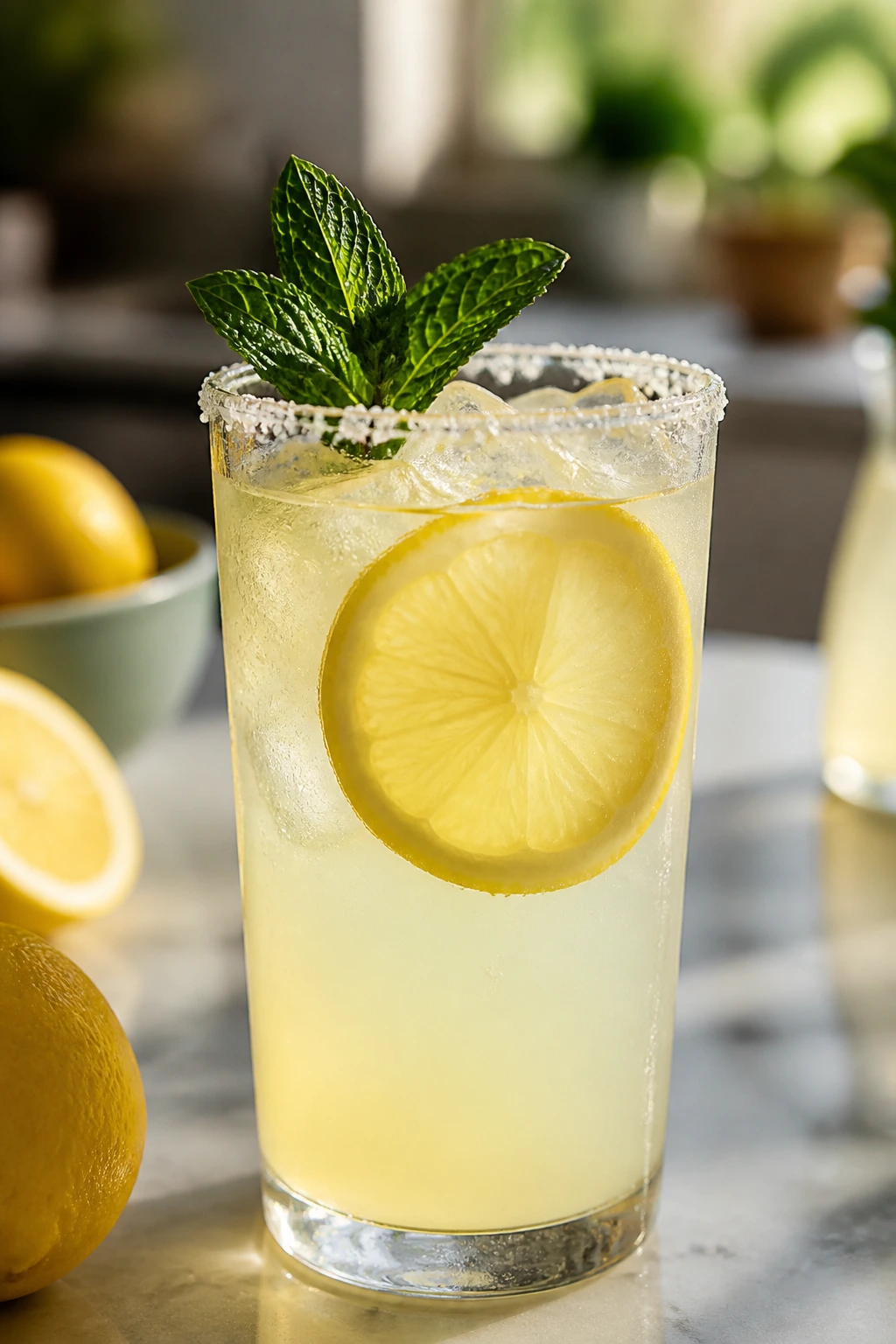 Lemonade glass with salt rim mint garnish on blurred kitchen counter