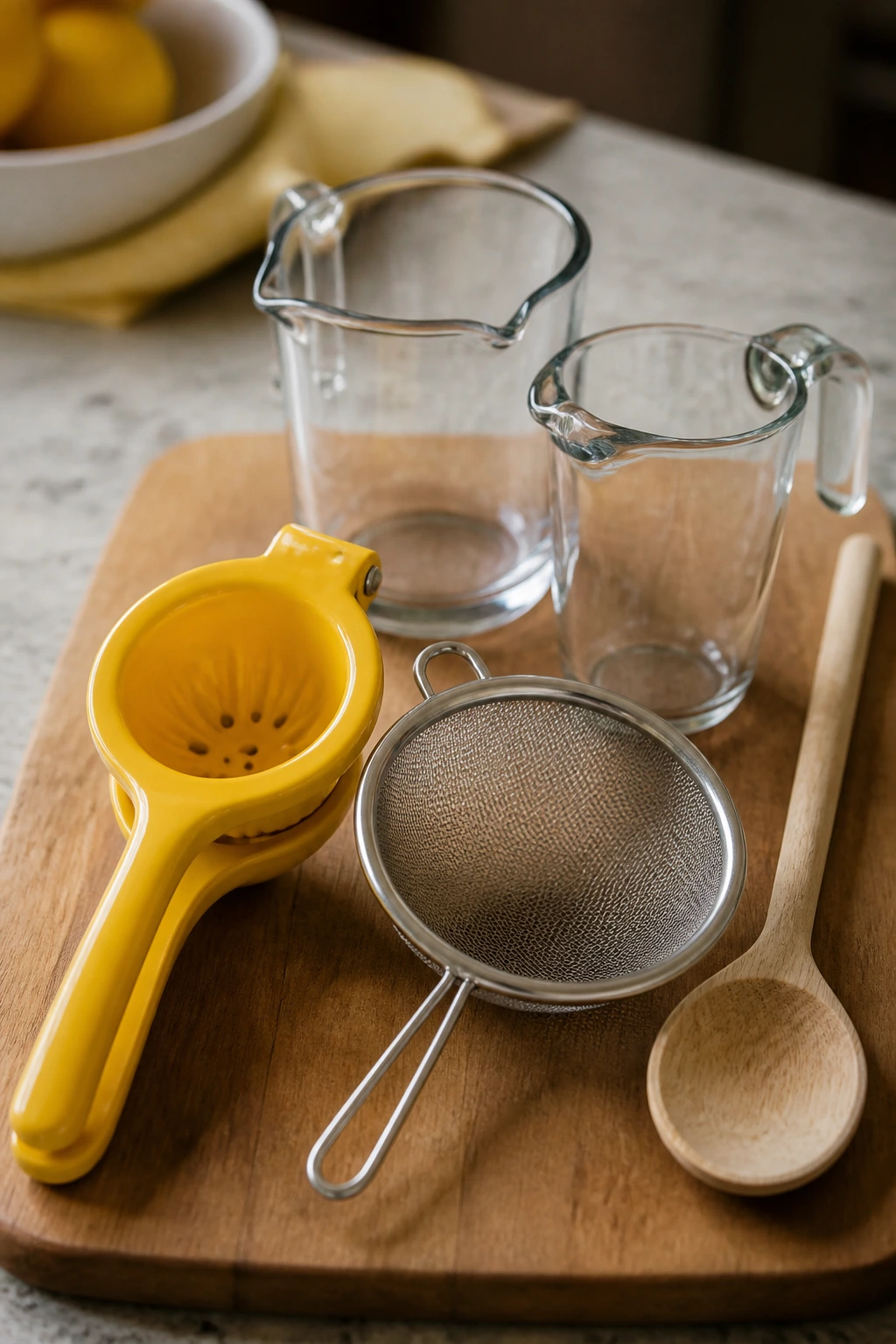 Close-up of lemonade-making tools on a wooden board