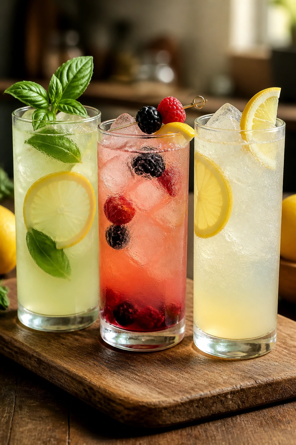 Three tall glasses with different lemonade variations on a wooden board