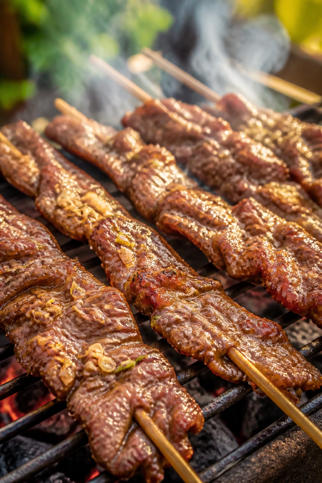 Close-up of lemongrass beef skewers on a grill