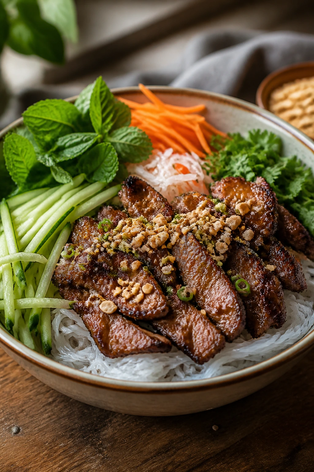 Close-up of Vietnamese lemongrass beef bowls with vermicelli and herbs