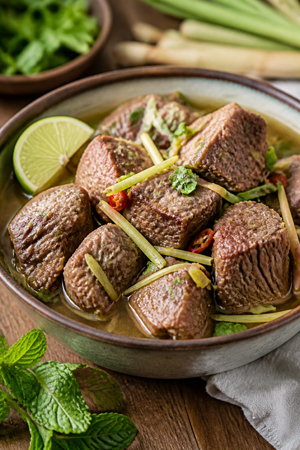 Beef with lemongrass and herbs in broth
