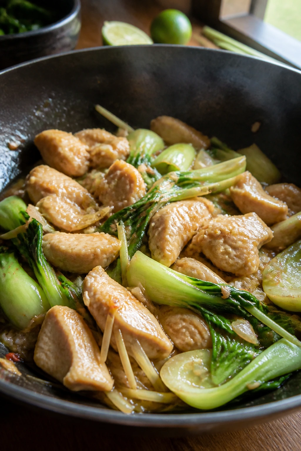 Close-up of lemongrass chicken with bok choy in fragrant stir-fry sauce