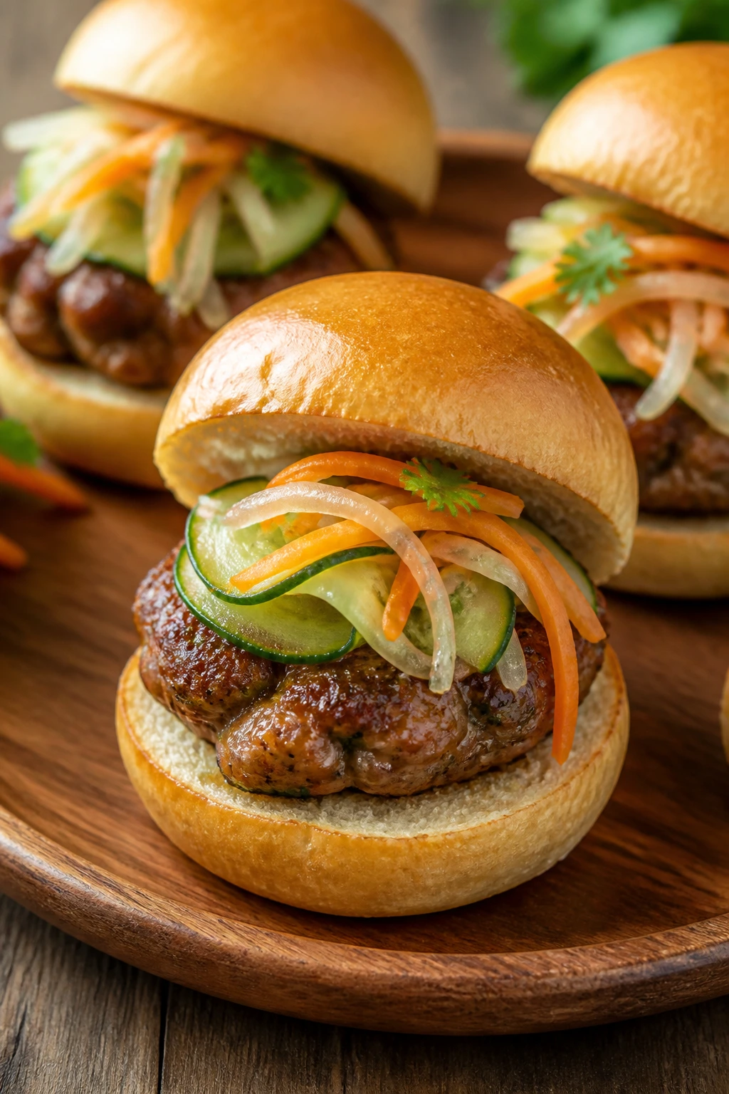 Lemongrass chicken slider with cucumber and pickled vegetables